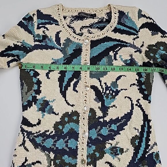RARE Peruvian Connection Women's Floral Printed Cardigan Cream Teal Size XS - Picture 4 of 9